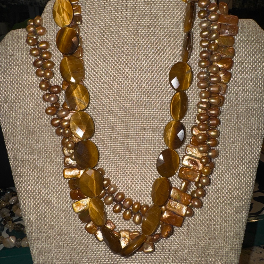 Tiger’s Eye & Freshwater Pearl Multi Strand Necklace 18k Gold Clasp